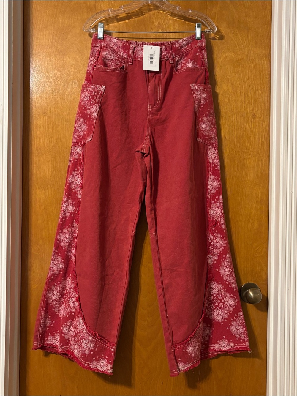 POL Red Wide-Leg Flare Jeans with Floral Side Panels